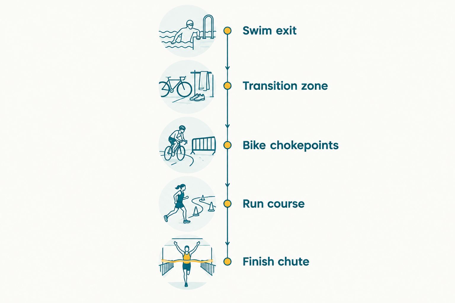 Vertical timeline of five triathlon photo capture points from swim exit to finish chute