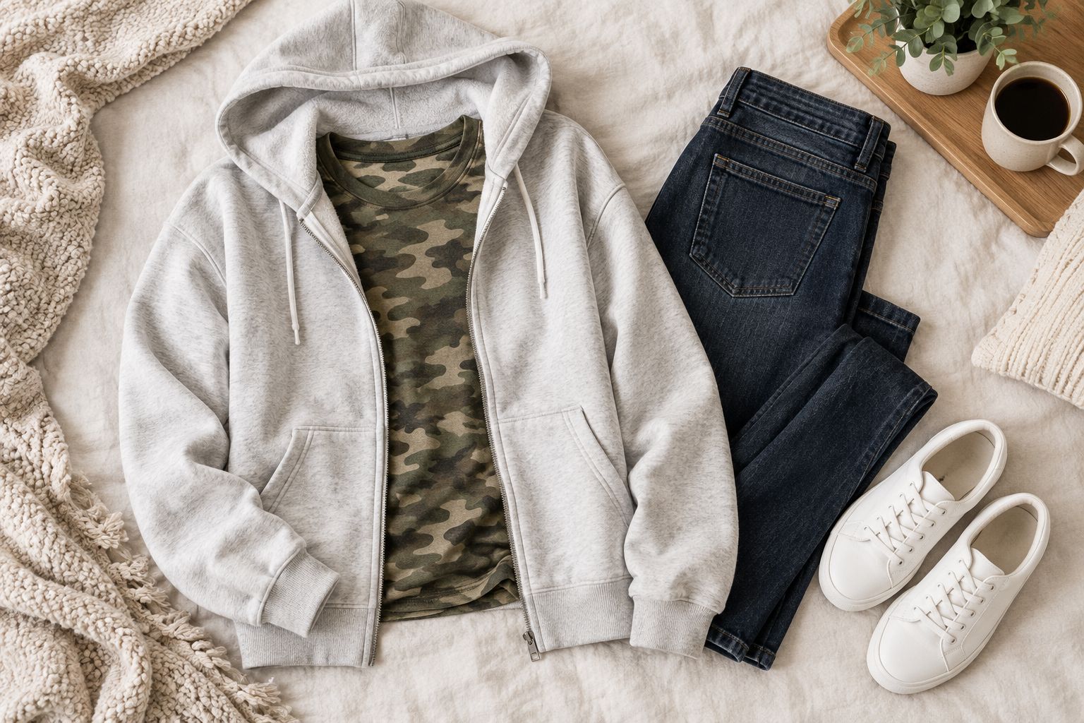 Open hoodie layered over a camo tee beside dark jeans and plain sneakers