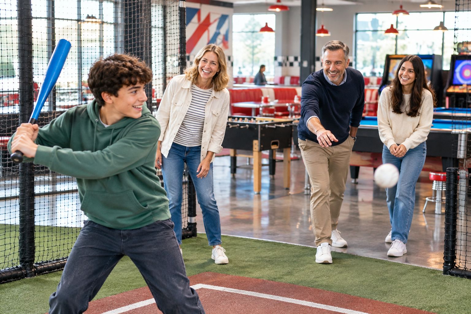Family playing together at an indoor batting cage and games venue