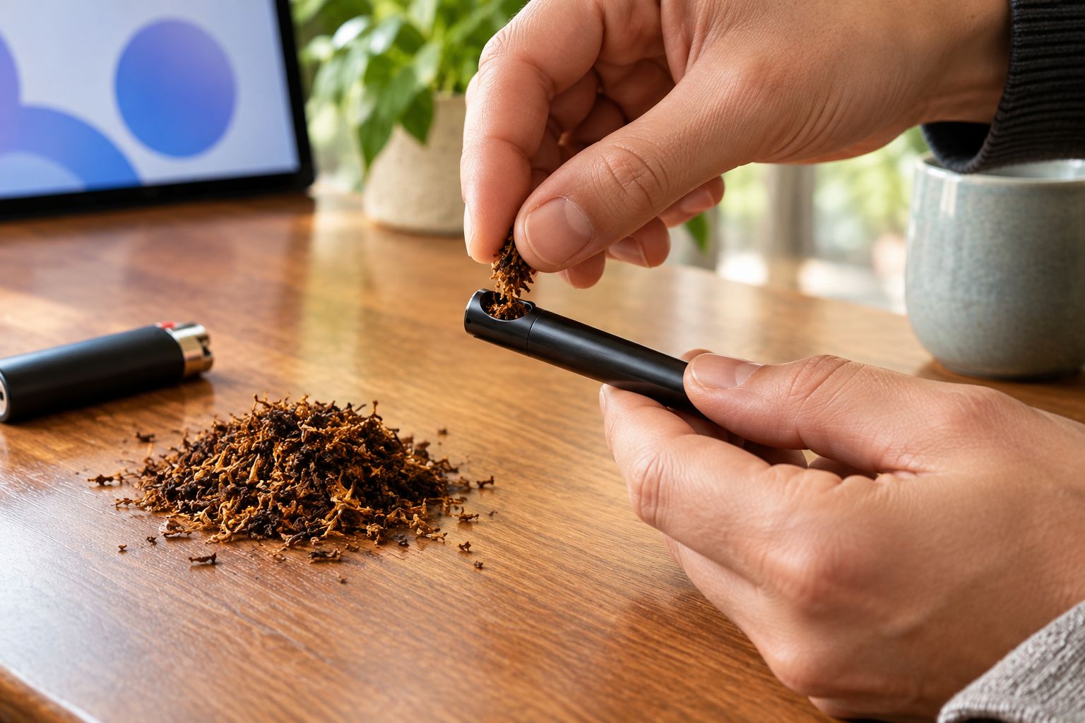 Hand packing tobacco into a small one hitter pipe bowl