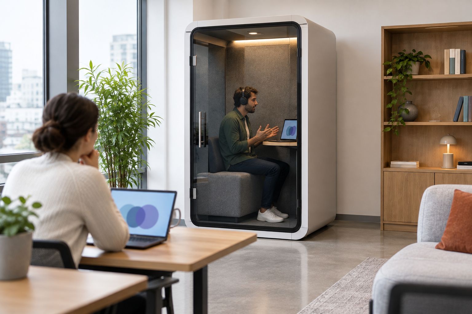 One person speaks inside an office booth while another listens from a nearby desk.