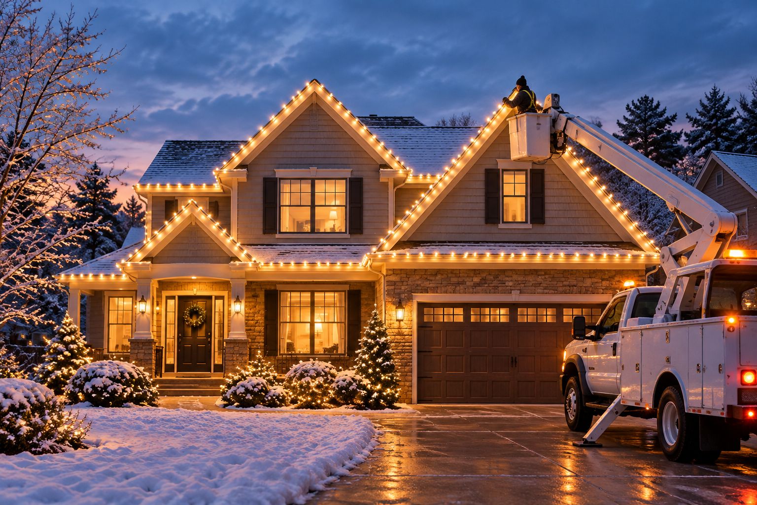 Two-story suburban home with professionally installed roofline christmas lights at dusk