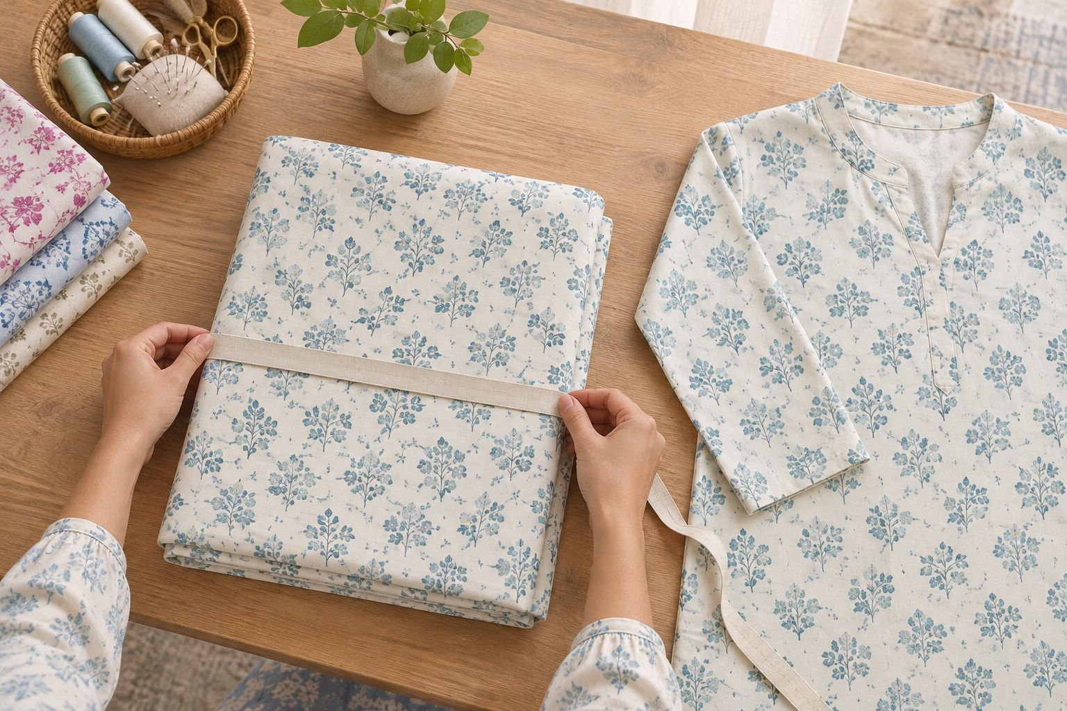 Hands checking dress fabric width beside a kurta on a home sewing table