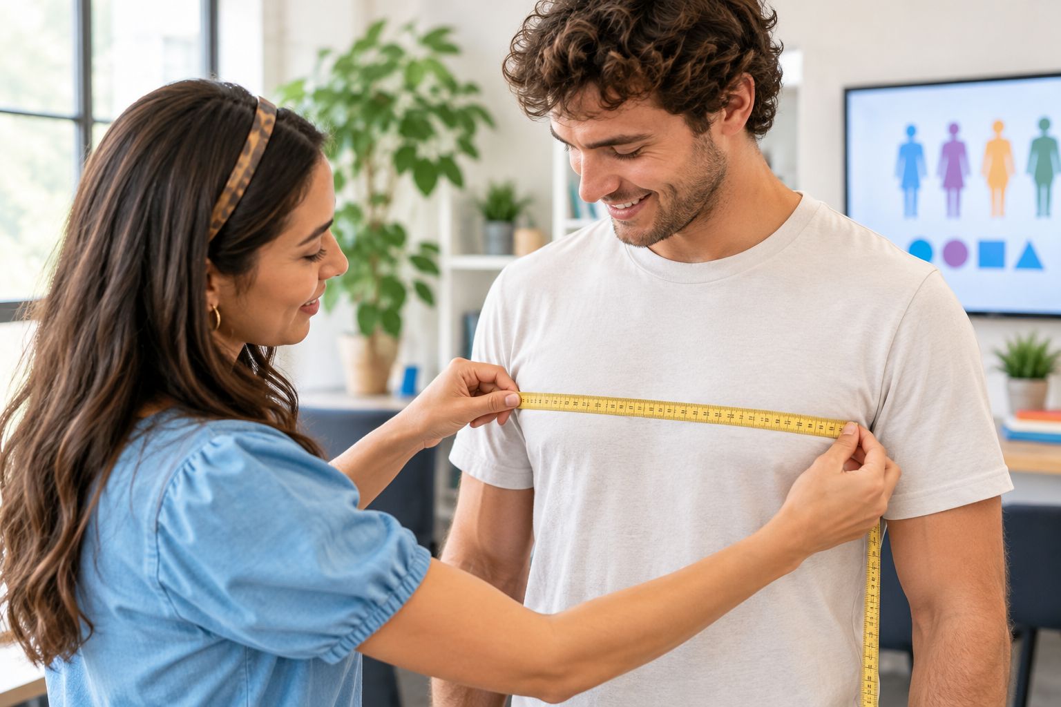A level measuring tape around an adult’s upper body over a lightweight shirt