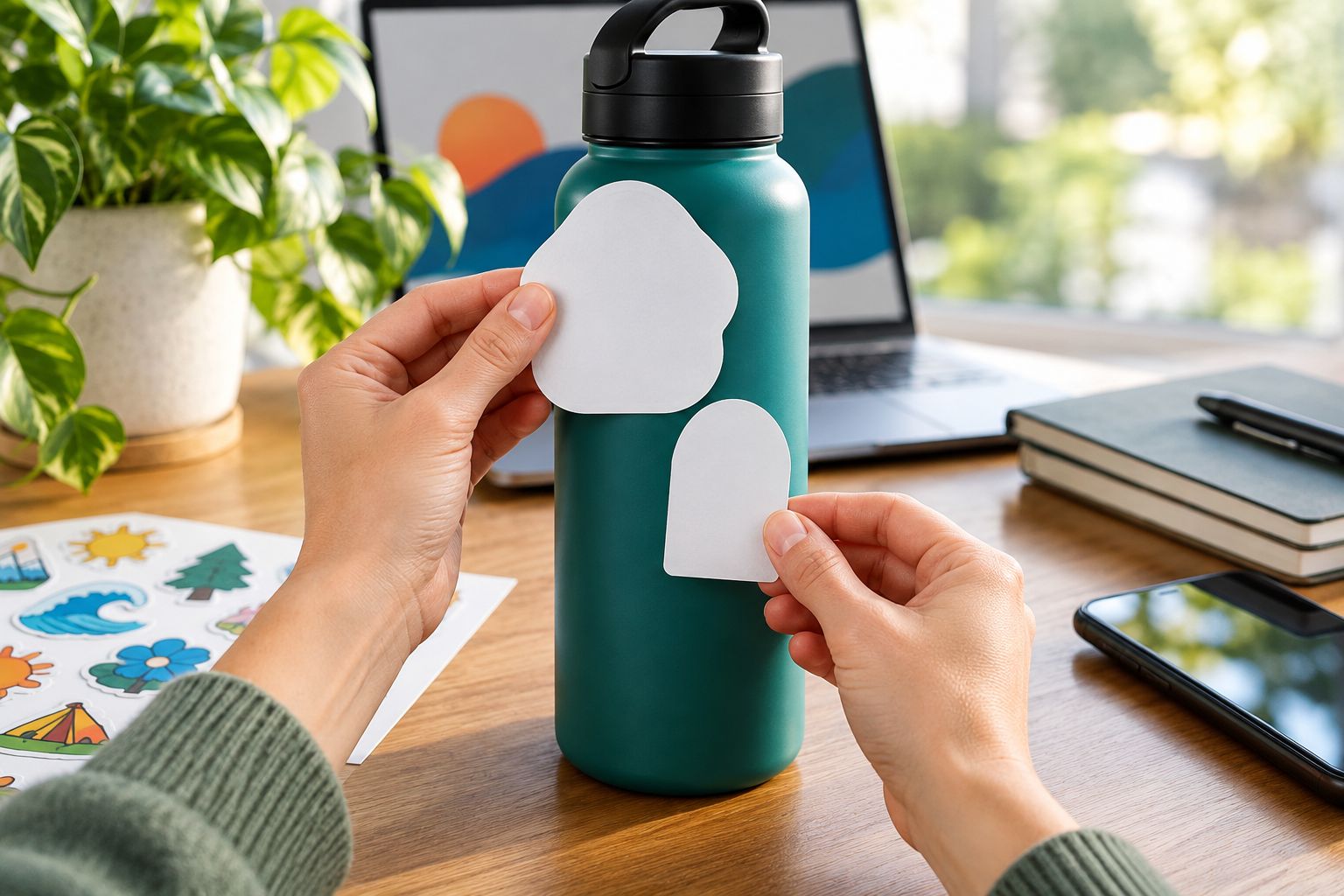 Paper sticker mockups held against a bottle to check size and curved placement