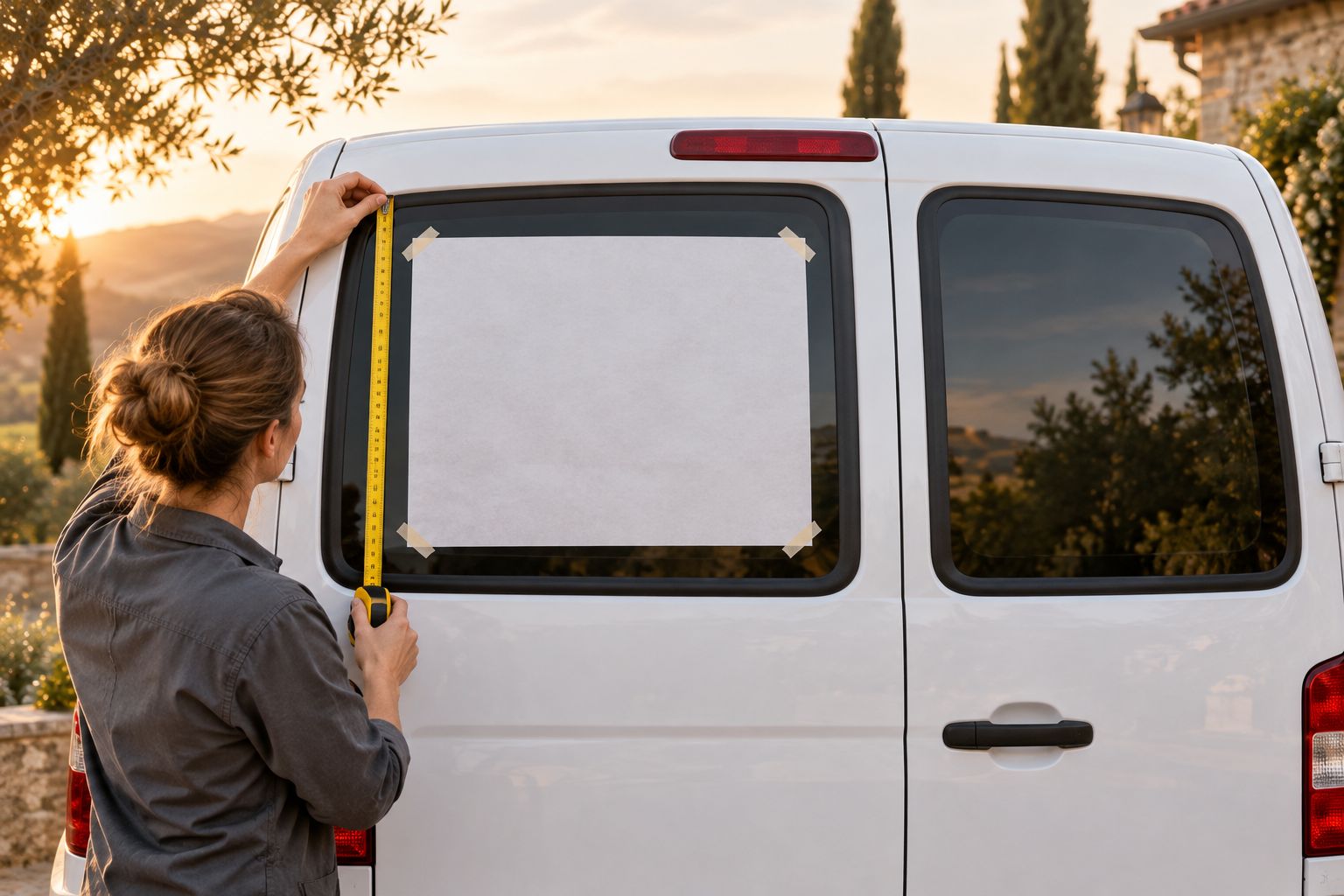 Paper outline positioned on a parked van's rear window to check decal size and placement