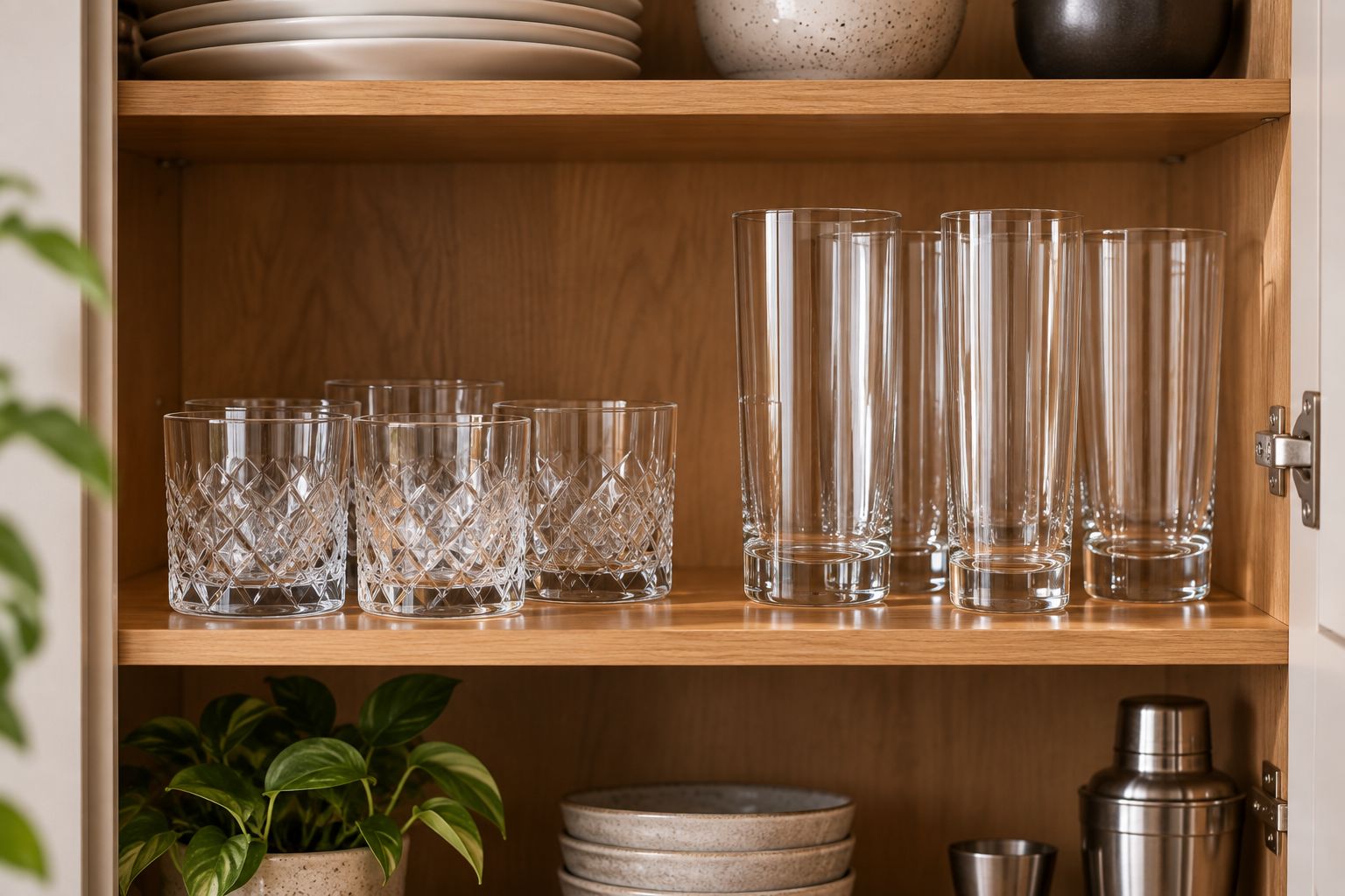 Rocks and highball glasses sharing a small kitchen cabinet shelf