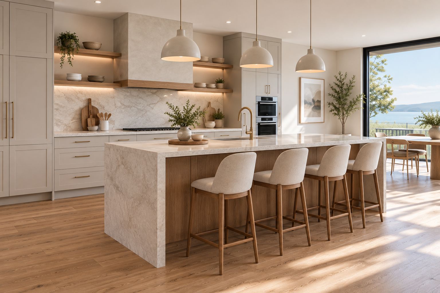 Illustrative kitchen pairing a wood island with painted cabinetry and pale surfaces