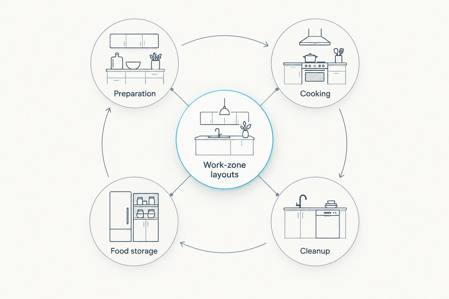 Kitchen activity diagram connecting preparation, cooking, cleanup, and food storage