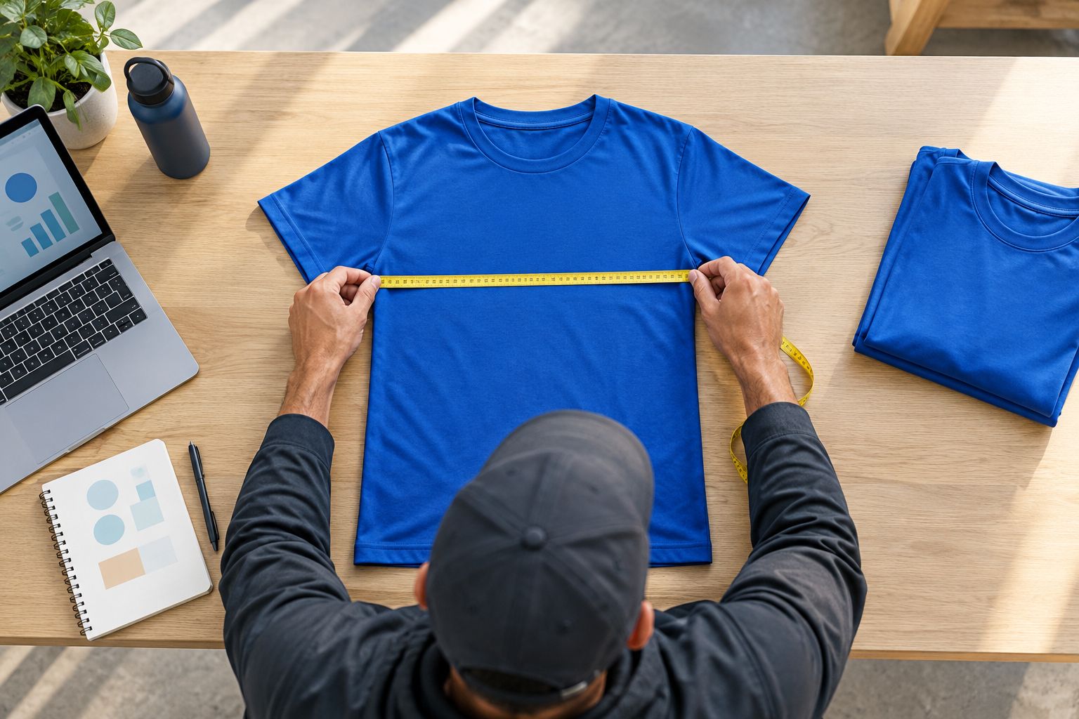 An adult checking the width of a child’s T-shirt laid flat on a table