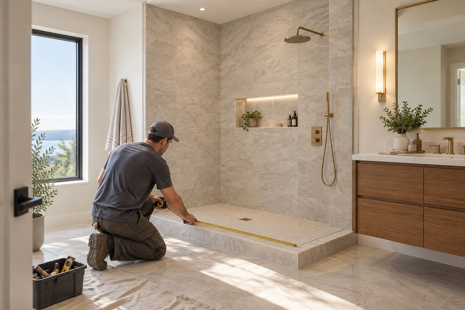 Installer measuring a tiled shower opening beside a bathroom vanity