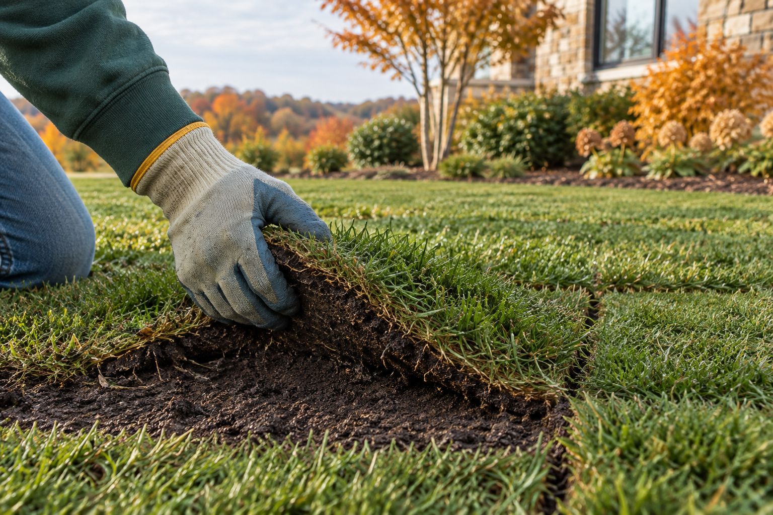 A hand lifts a sod corner to check soil contact and moisture beneath the new lawn.