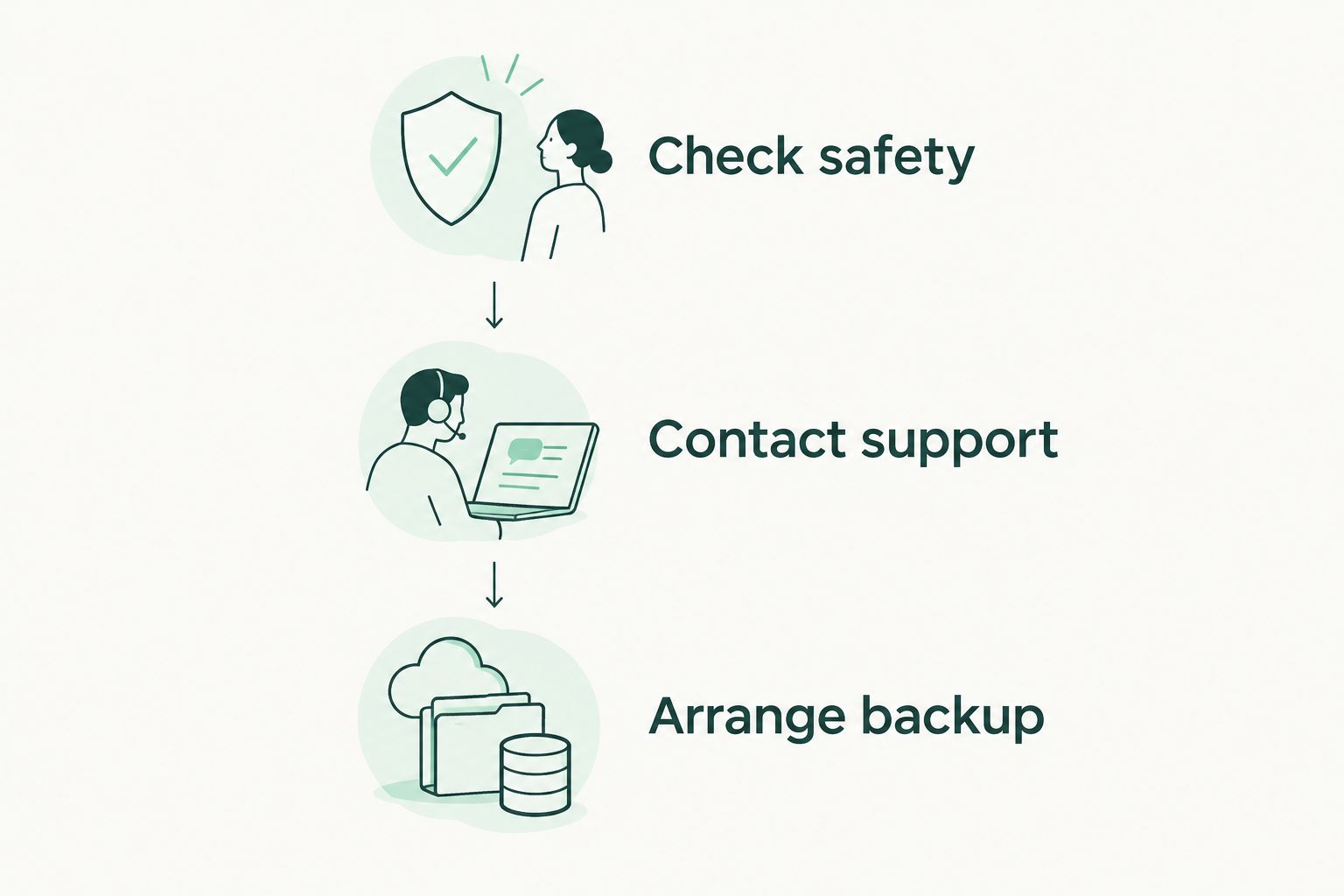Three steps: check safety, contact support, and arrange backup