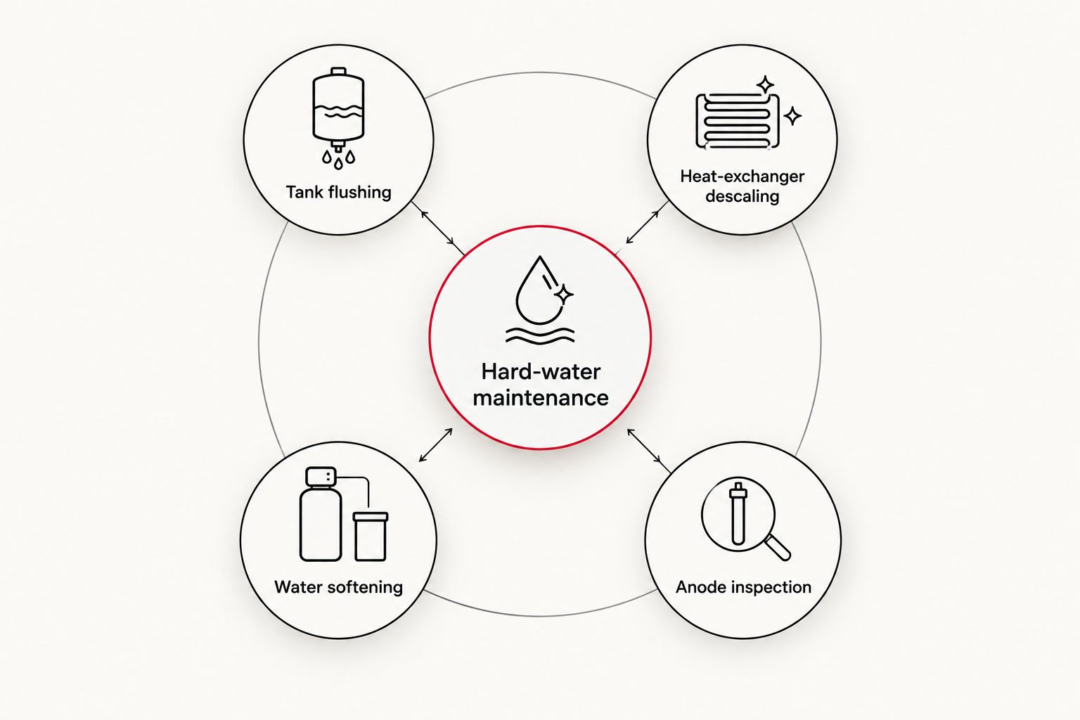Four separate maintenance tasks for sediment, scale, incoming water hardness, and tank corrosion protection.