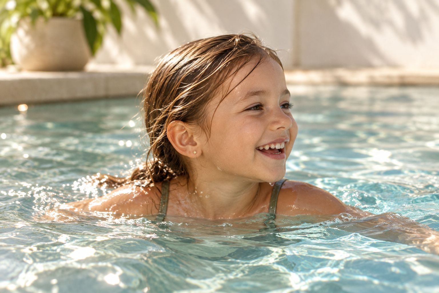Child swimming while wearing small stud earrings