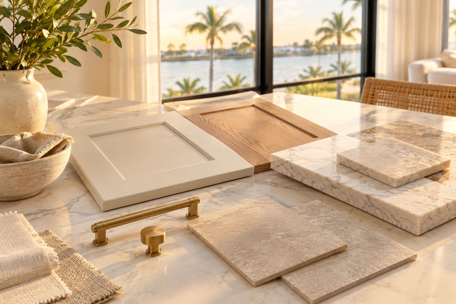 Cabinet, tile, countertop, and hardware samples reviewed together beside a window