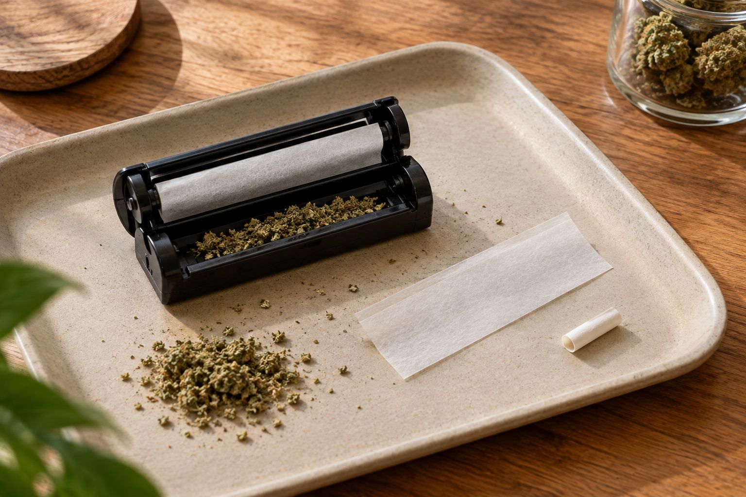 Open manual roller beside rolling paper and a paper tip on a tray.