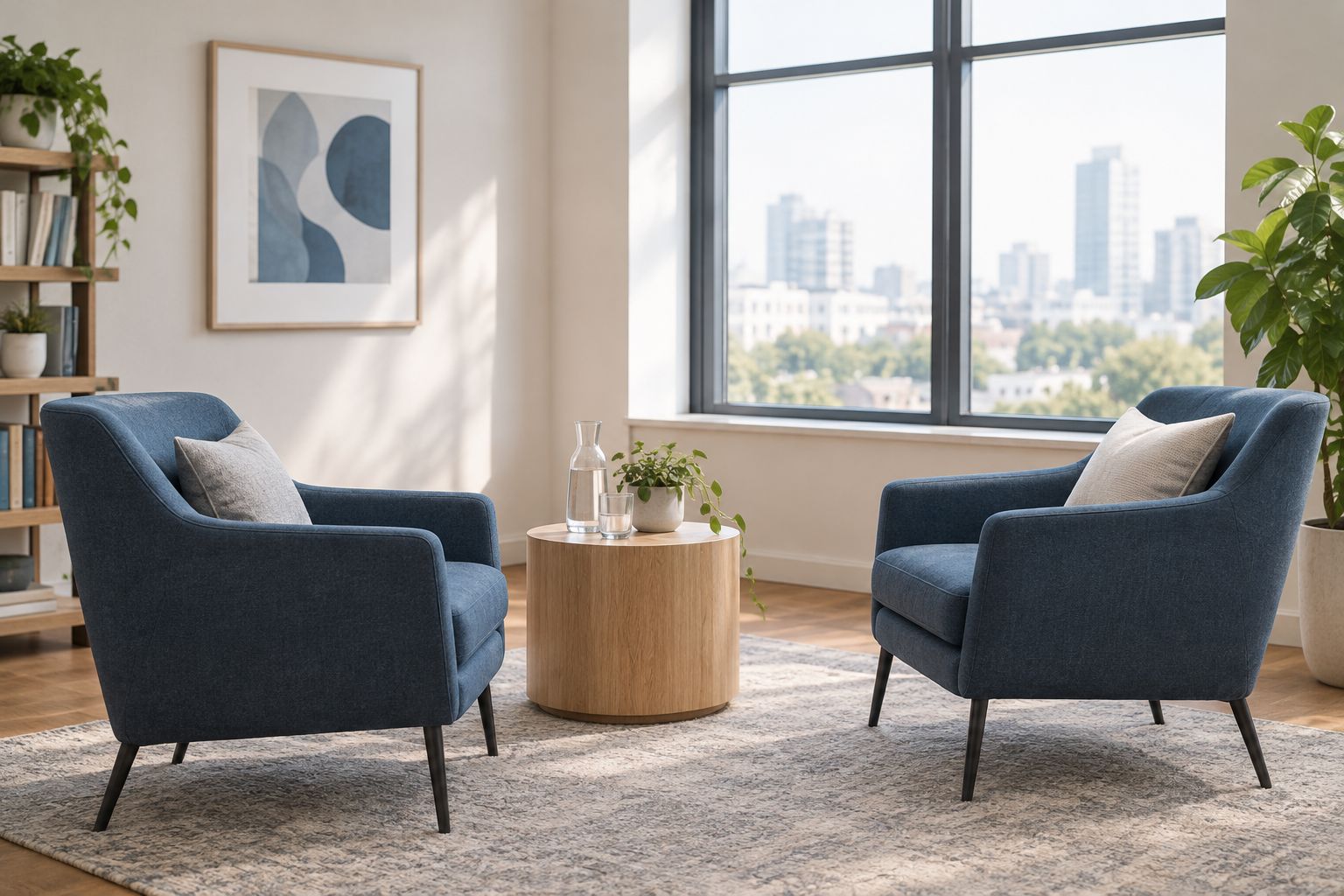 Quiet private therapy room with two armchairs by a window