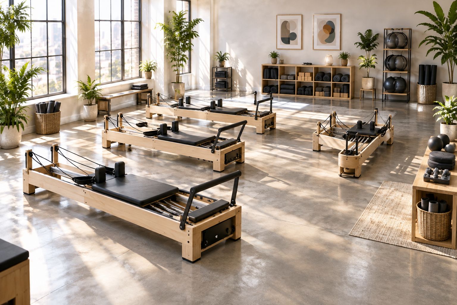 Pilates-Studio mit Reformern, sichtbaren Laufwegen und Platz für Zubehör
