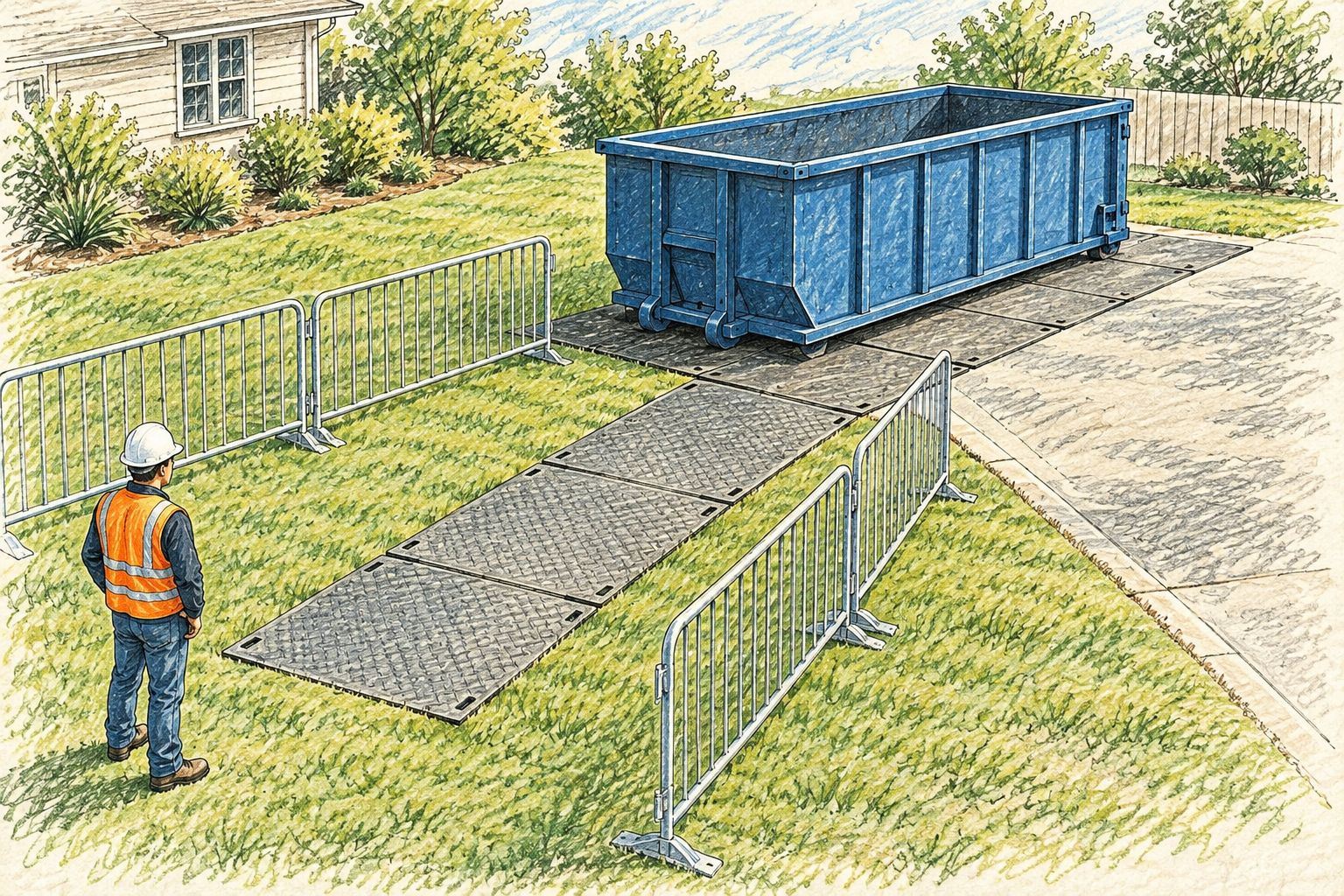 Blue roll-off container with separate protection beneath the container and along the grass approach