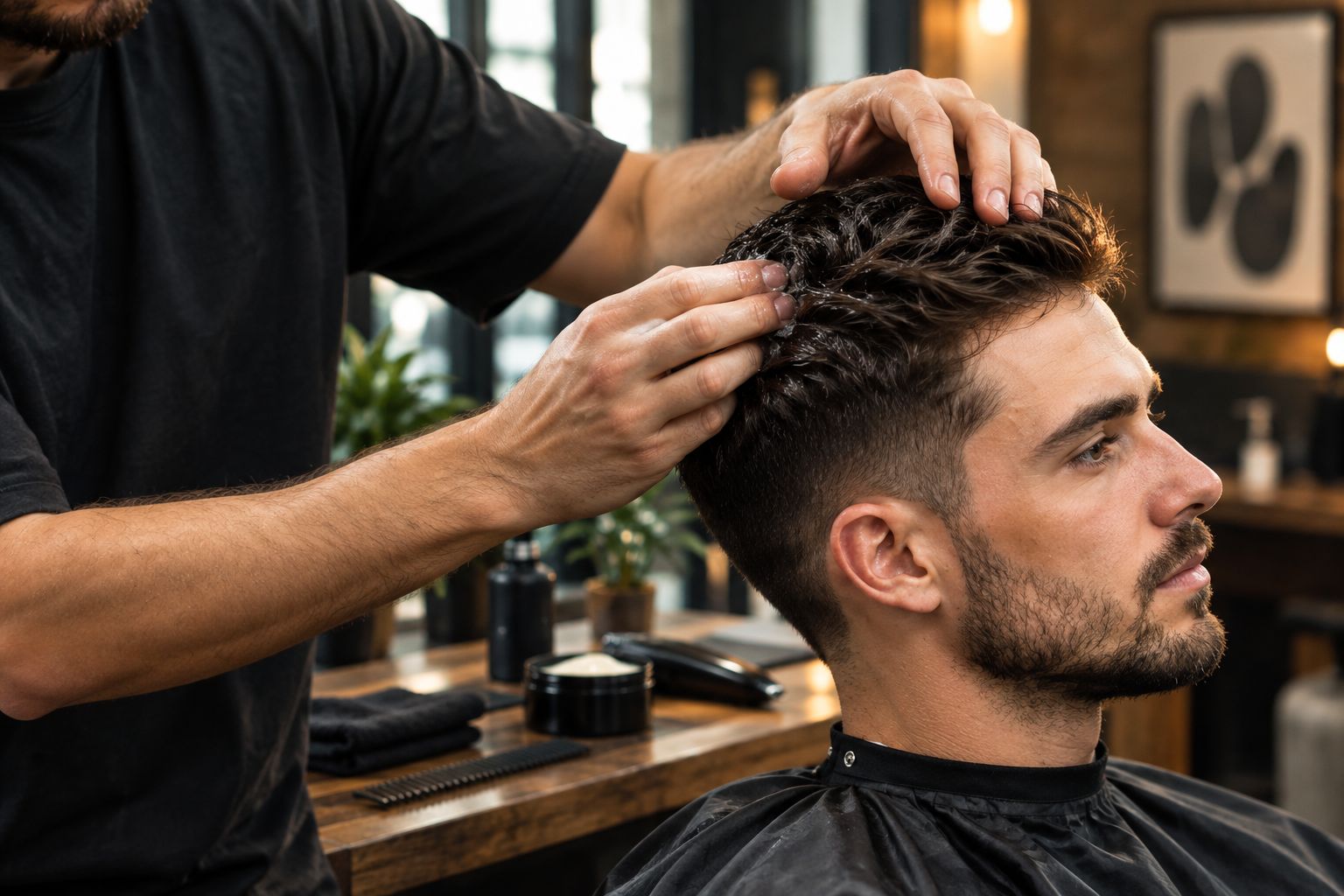 Barber working hair wax through a client's cropped hairstyle