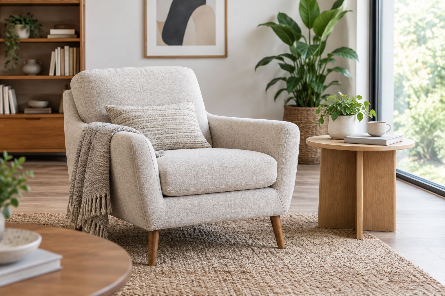 Generic upholstered armchair and side table showing furniture proportions within a living room