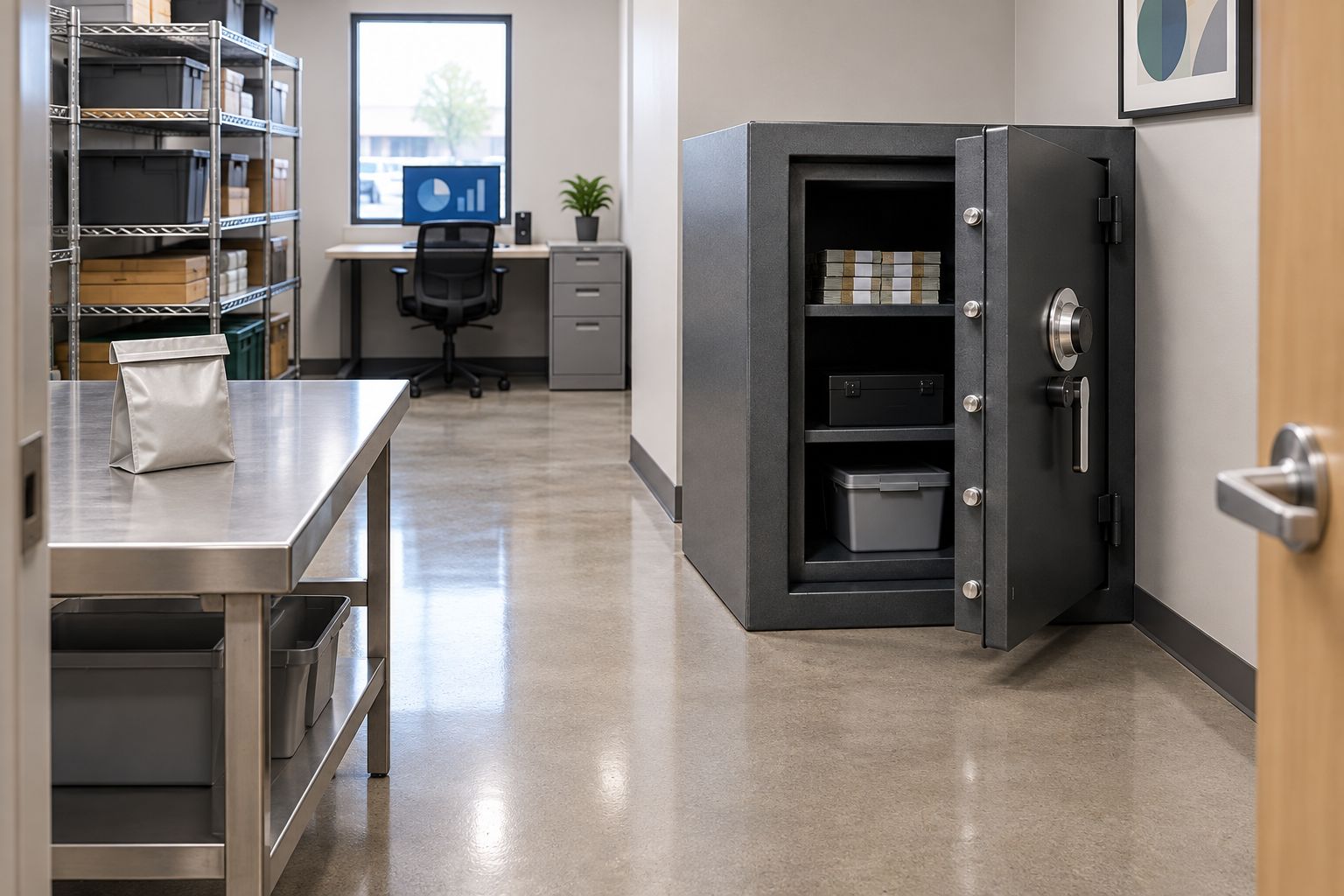 Supermarket back office with clear access around a safe and a separate deposit workbench