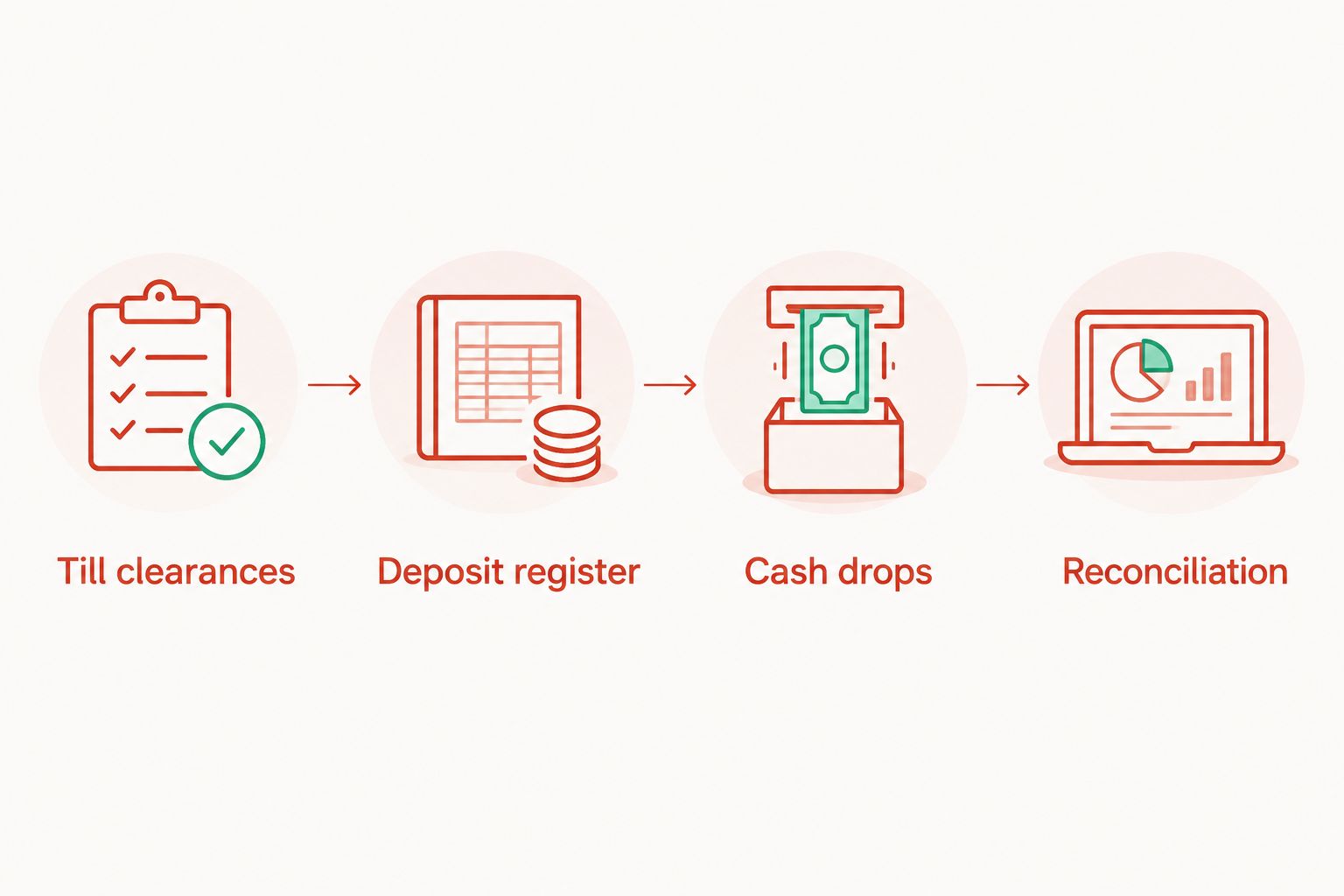 Cash-handling sequence from till clearances through deposit recording to reconciliation