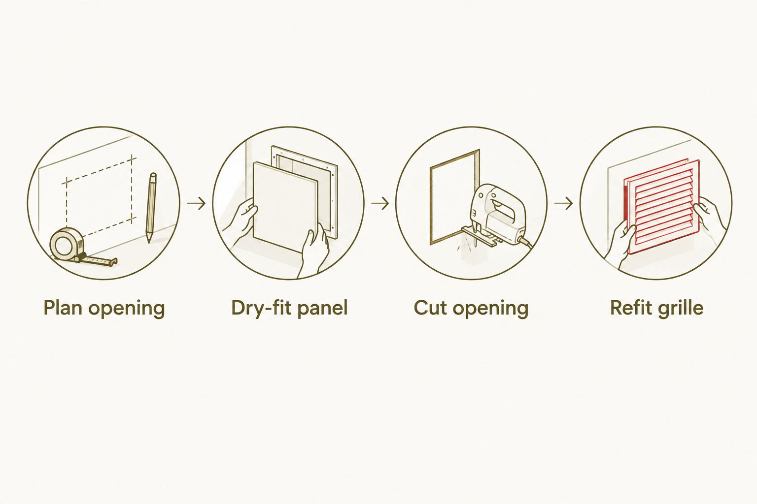 Workflow from planning the vent opening to dry fitting, cutting, and refitting the grille