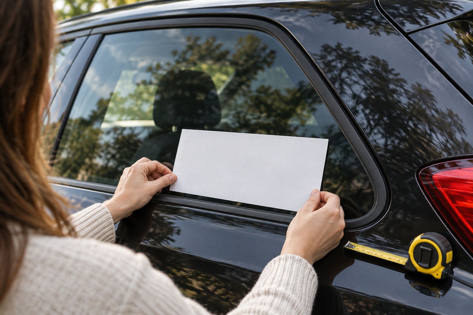 A blank paper template held against a parked car window to check decal placement