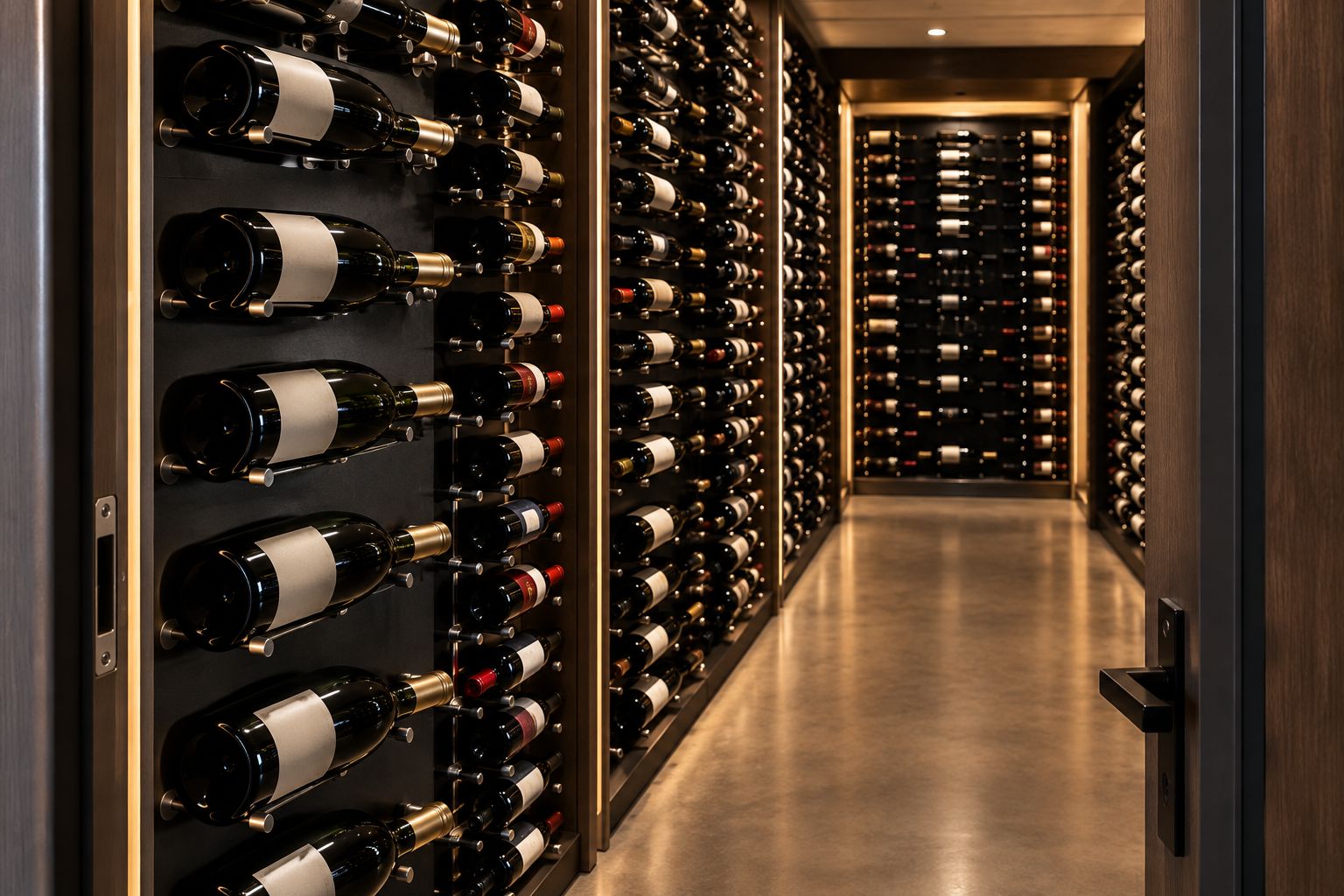Home wine room with metal racks, larger bottles, and a clear central aisle
