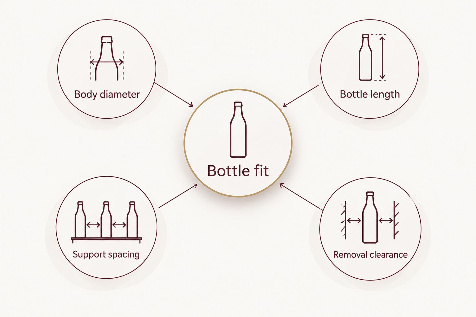 Bottle fit depends on diameter, length, support spacing, and removal clearance