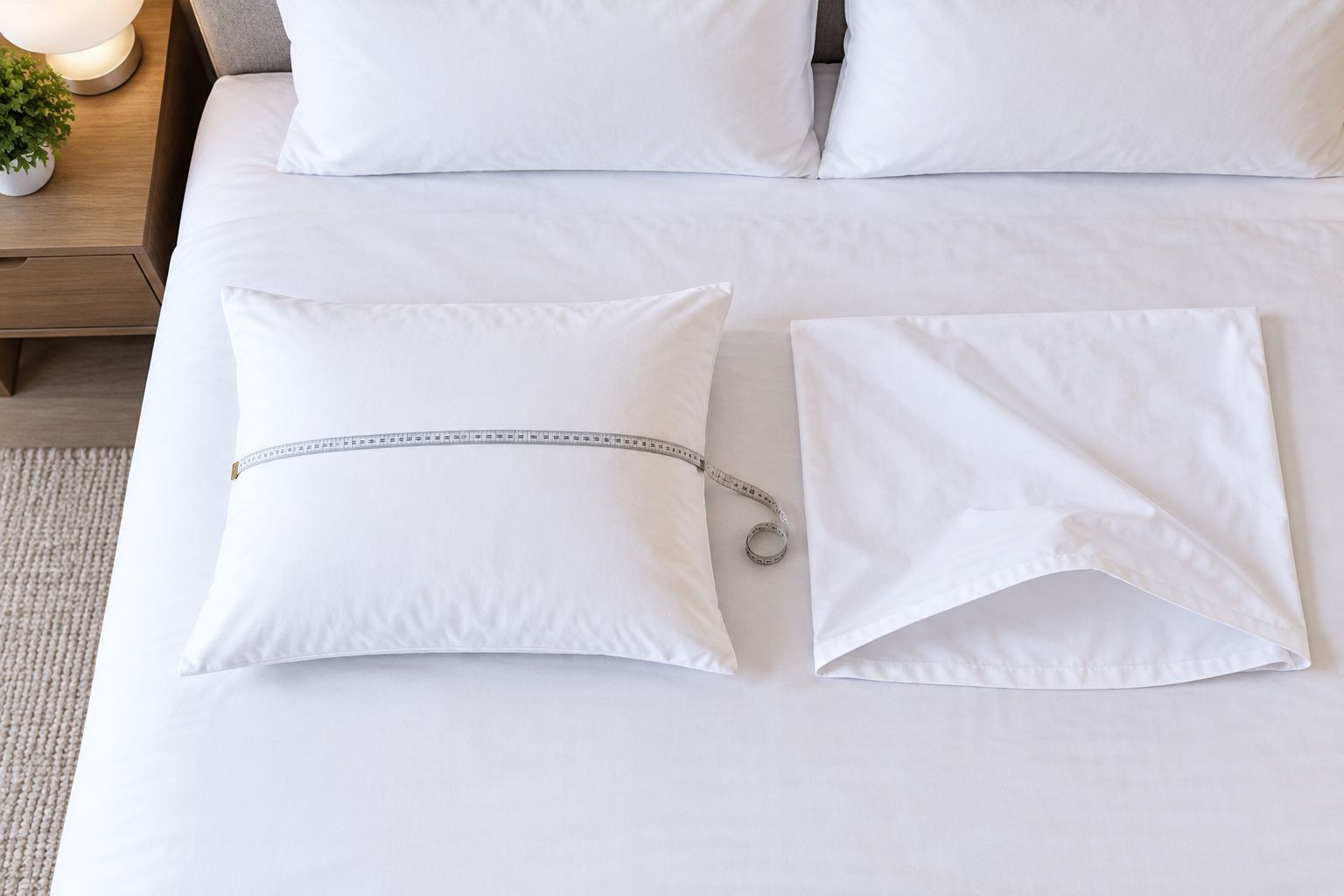 A pillow and empty pillowcase laid together on a hotel bed for a physical fit check.