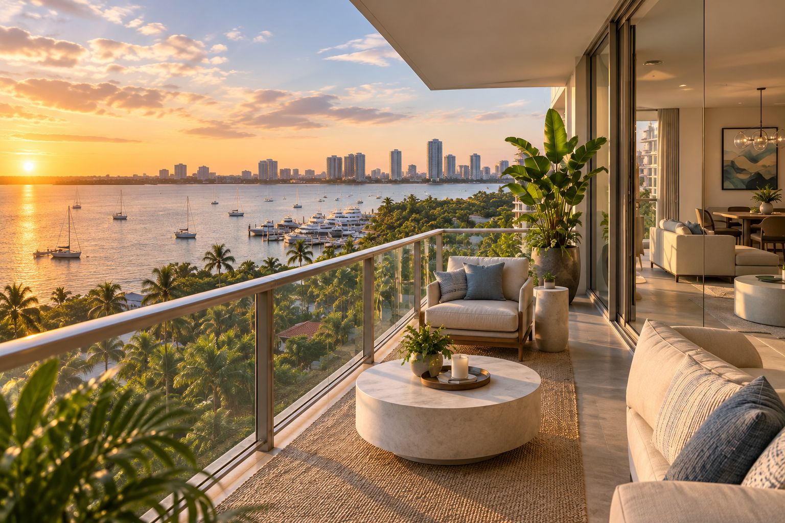 Condo balcony overlooking Biscayne Bay and a marina in Coconut Grove
