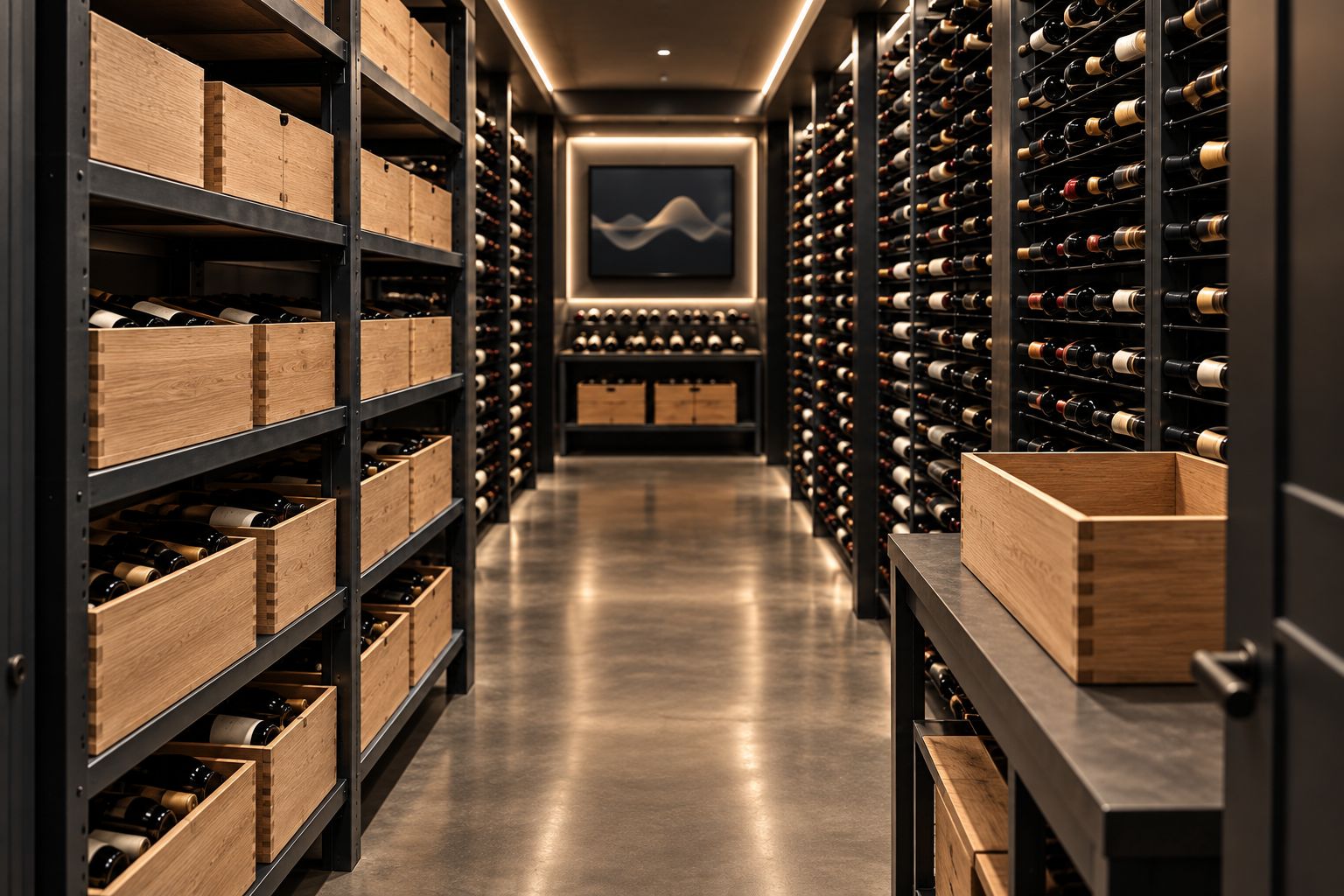 Home wine room with separate case shelves, individual-bottle storage, and a clear retrieval aisle