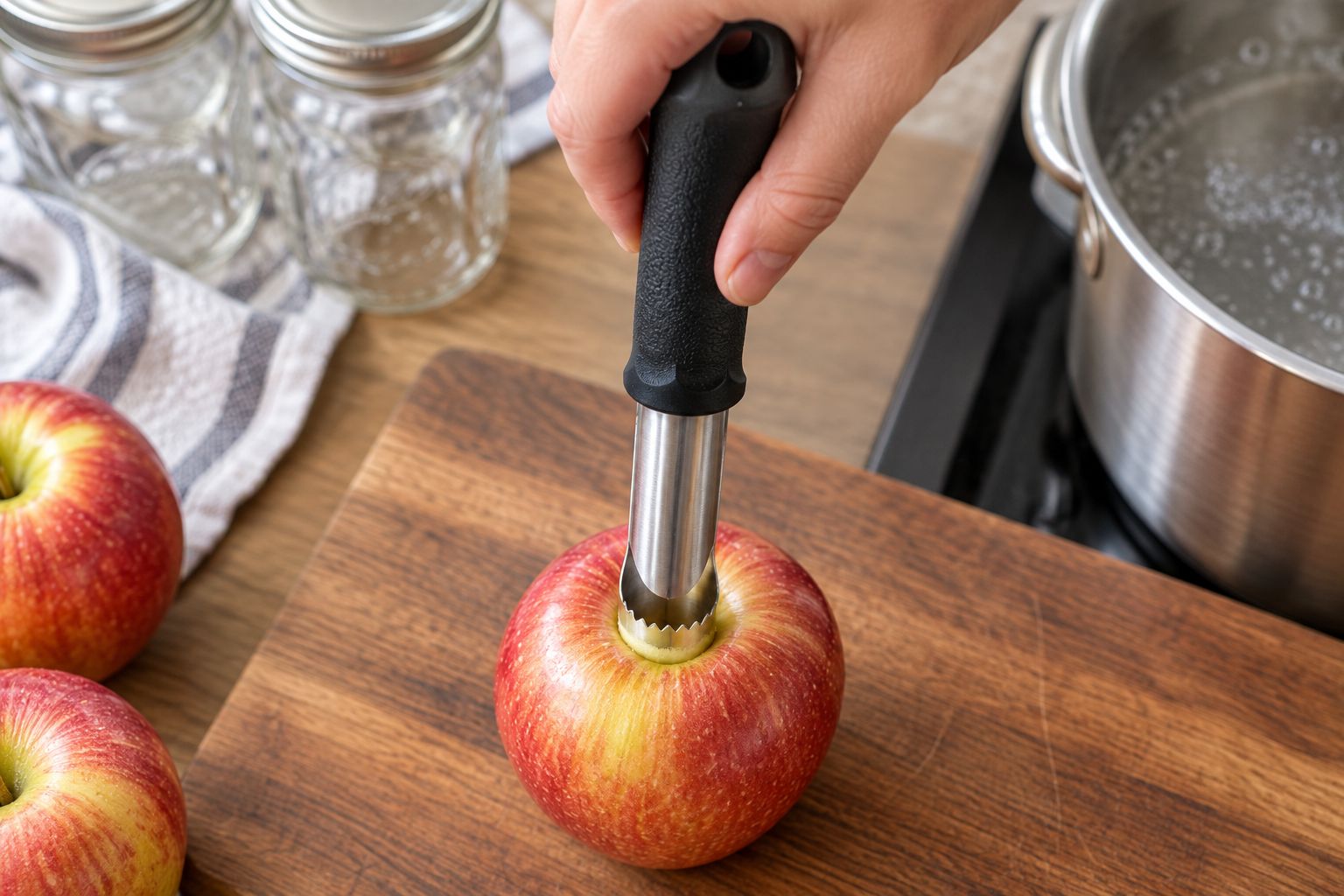 Stainless serrated apple corer pushed through an apple with canning jars in the background