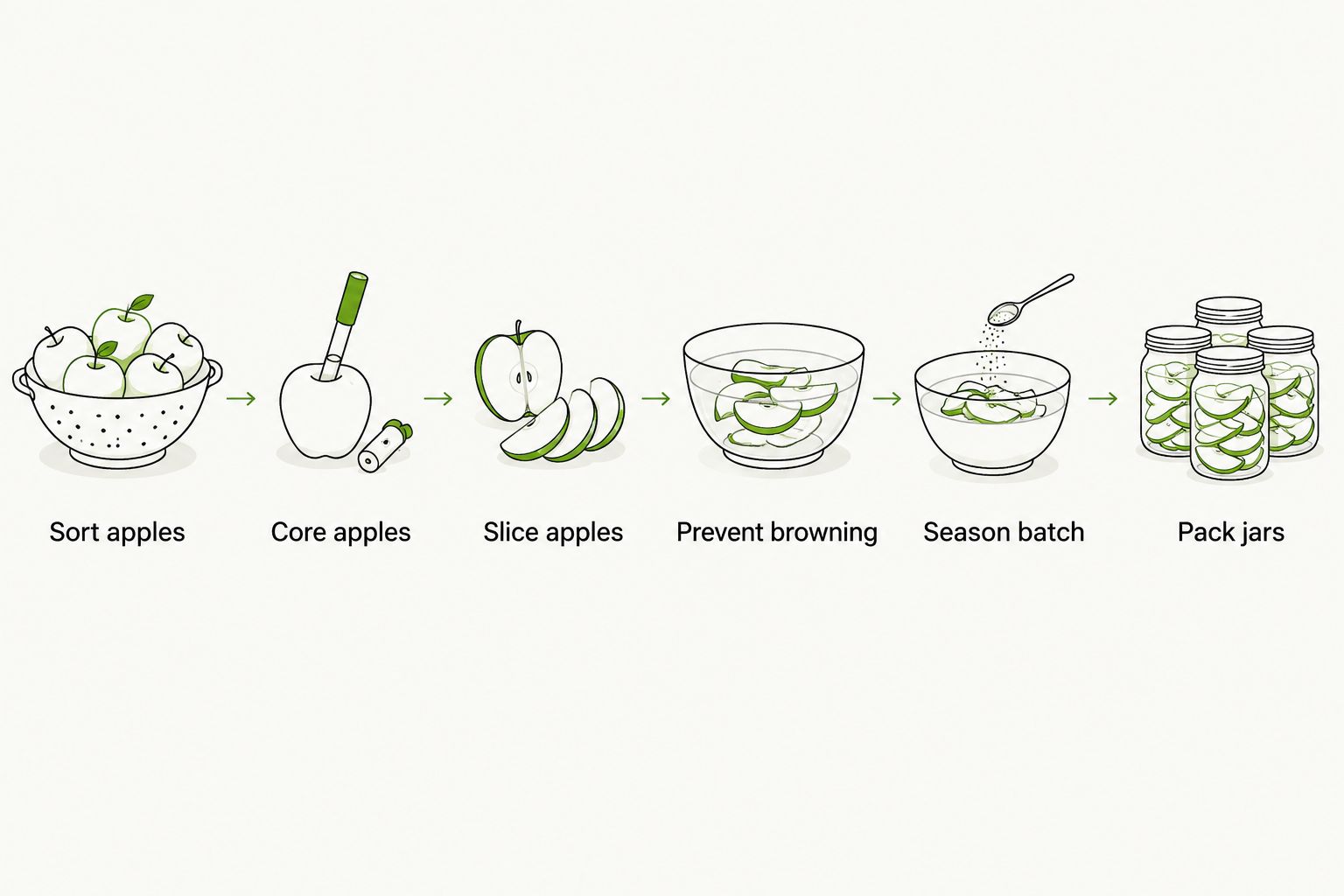 Six-step sequence for prepping apples for canning and preserving