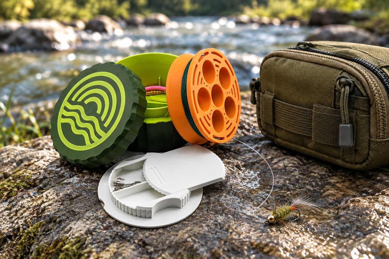 GoReel River Fishing Kit assembled on a rock beside a stream