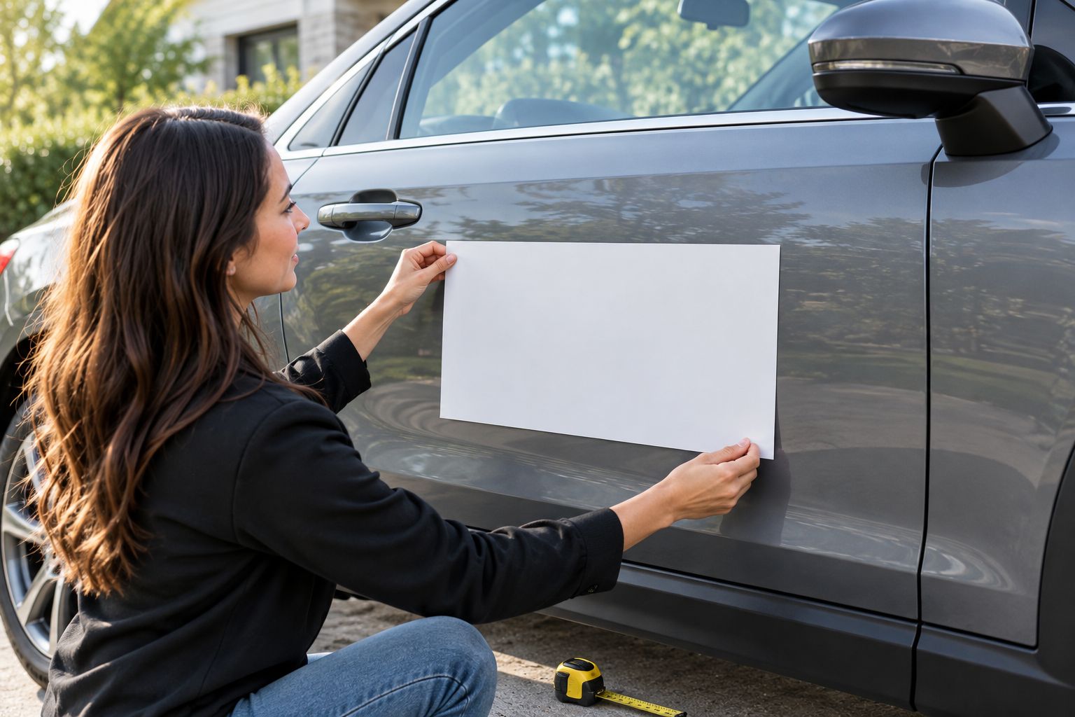 A blank paper template held against a car door to check space around the handle and trim
