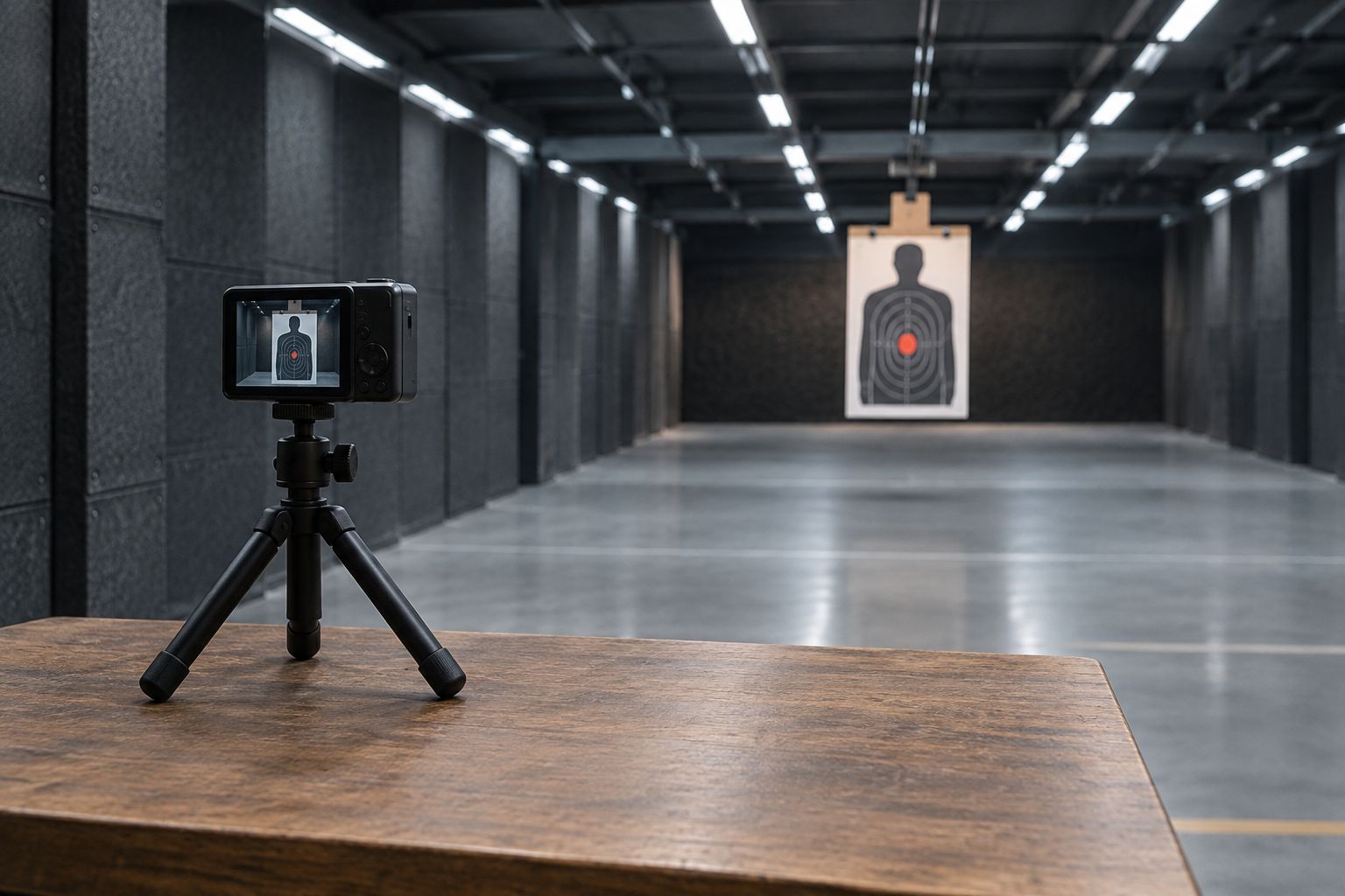 Generic target camera beside a paper target in an empty indoor shooting lane