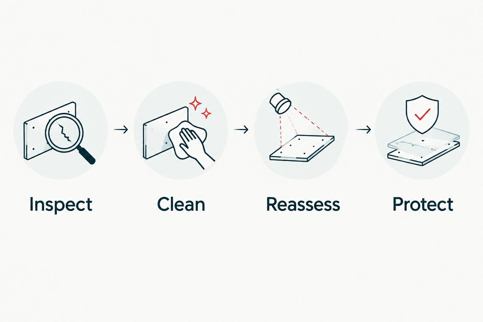 Detailing workflow moving from inspection through cleaning and reassessment to protection