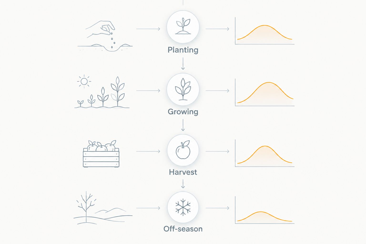 Timeline of a seasonal agriculture revenue cycle from planting through off-season