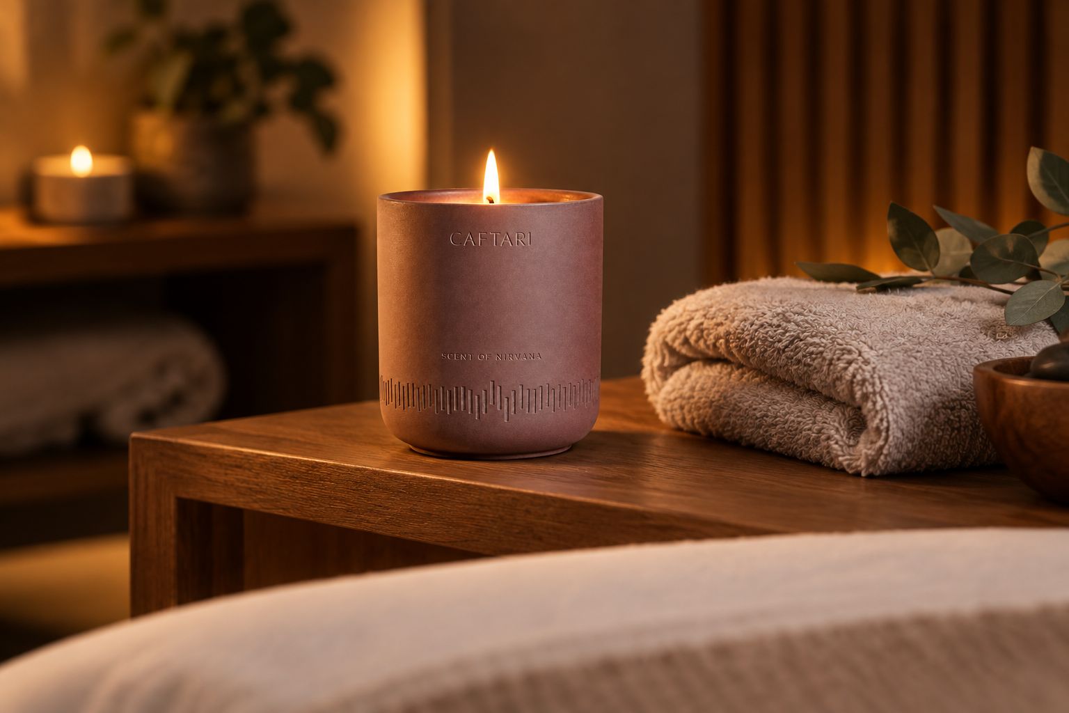 Scent of Nirvana candle on a table in a spa treatment room