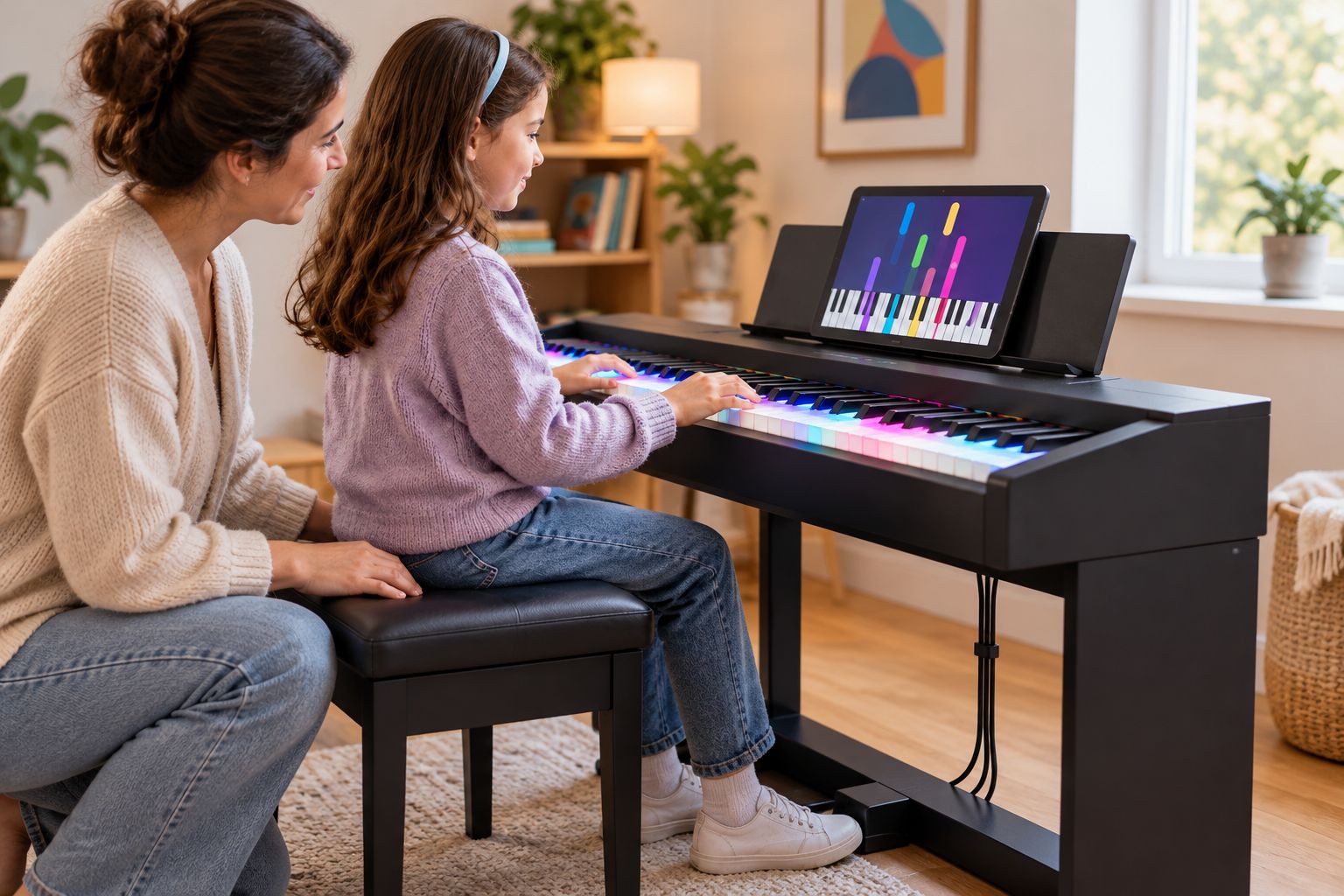 A child at a digital piano with an adult checking seating and a clear practice area.