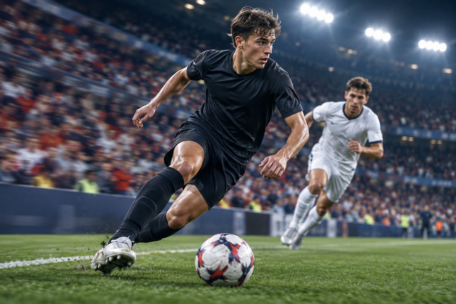 Young winger cutting inside during a night match in a packed stadium