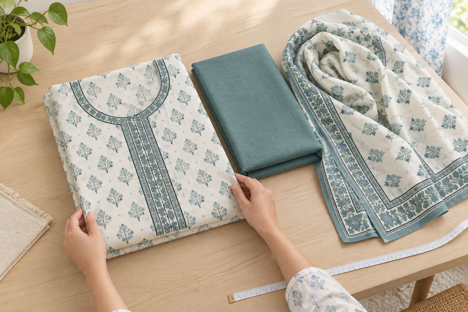 Hands checking separate fabric pieces with a measuring tape before stitching