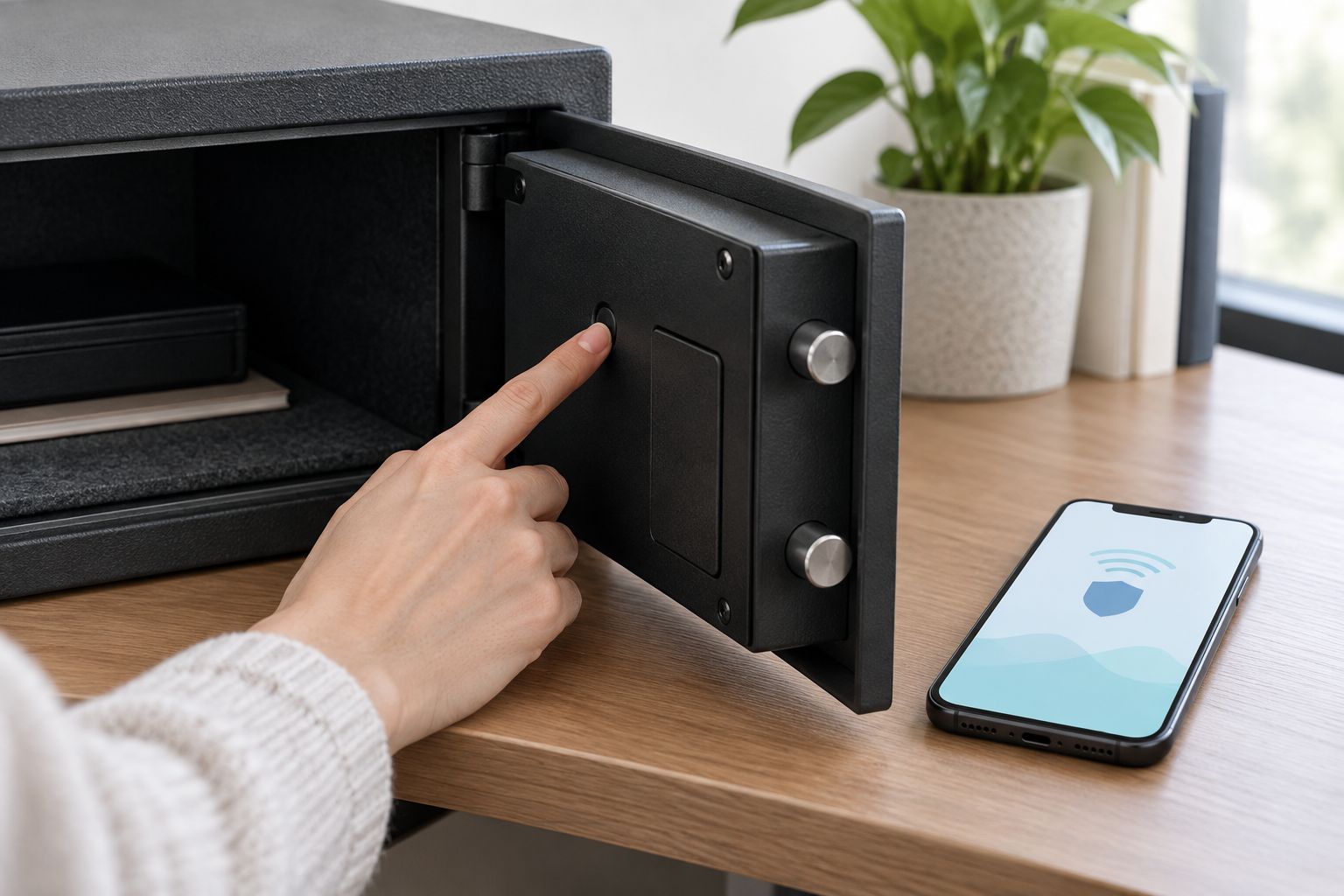 Hand pressing the pairing button inside a digital safe next to a smartphone