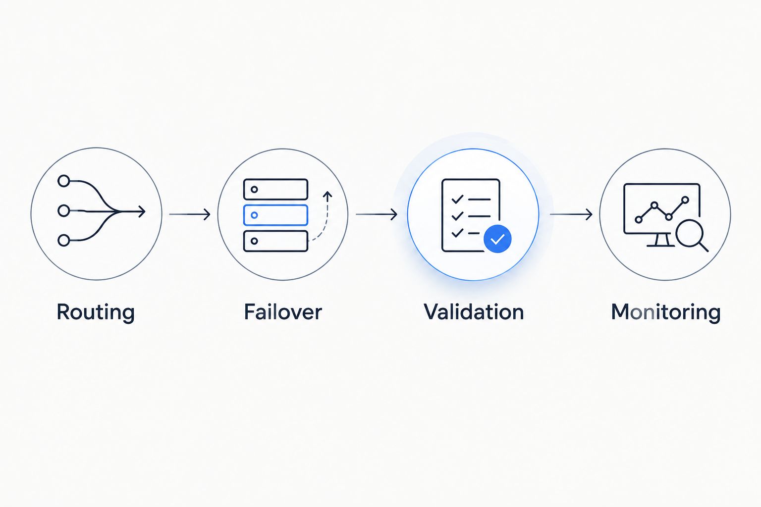 Four operational checks covering routing, failover, output validation, and monitoring