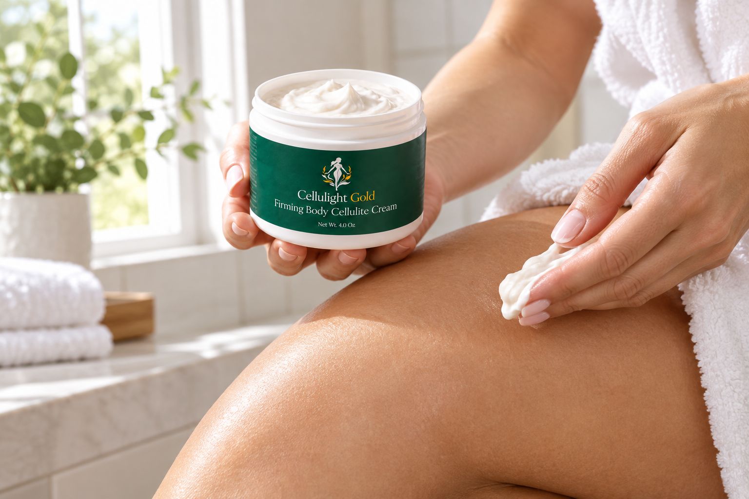 Firming cream being applied to a thigh in a bathroom