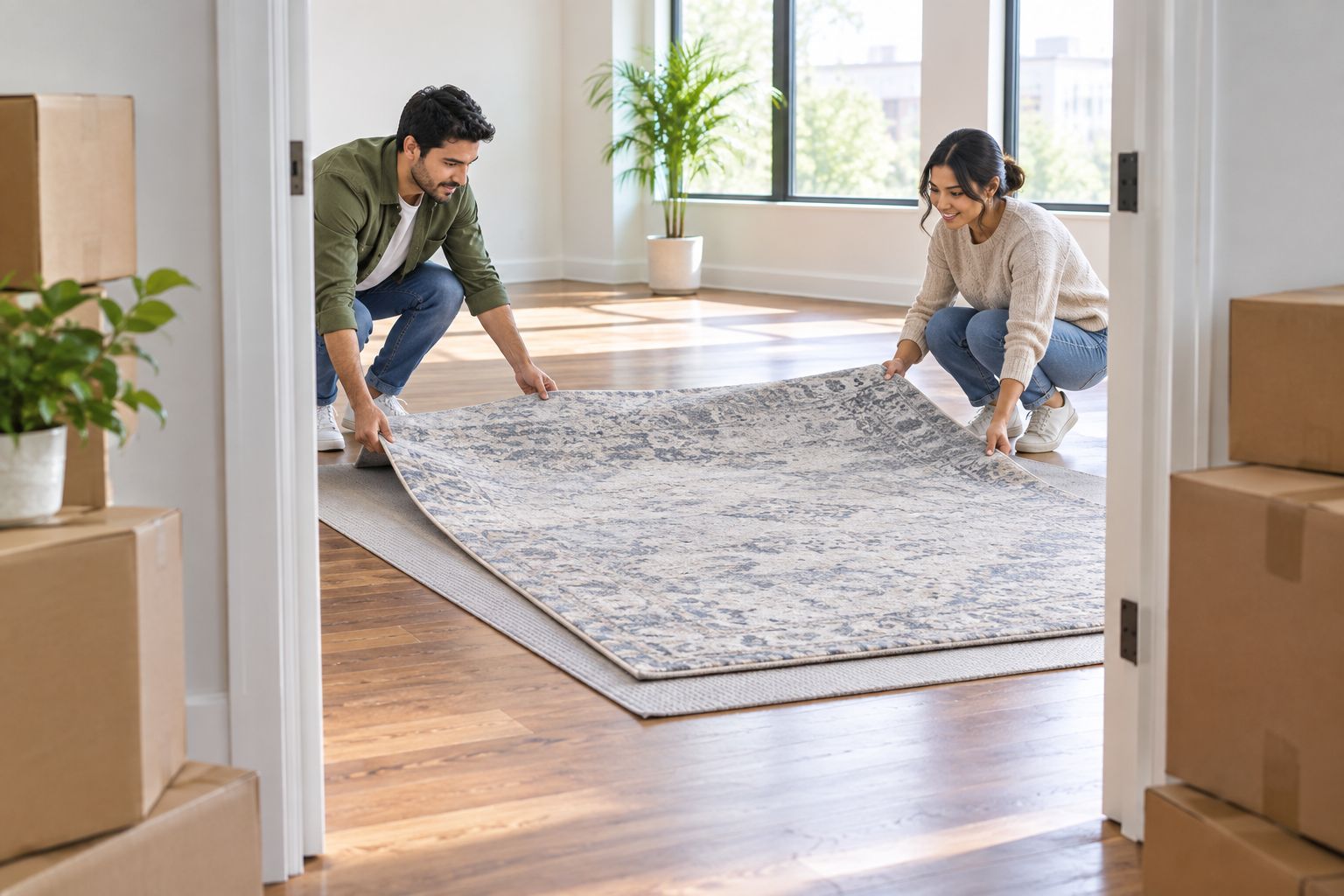 Two people positioning an area rug in a clear living room while moving boxes remain outside